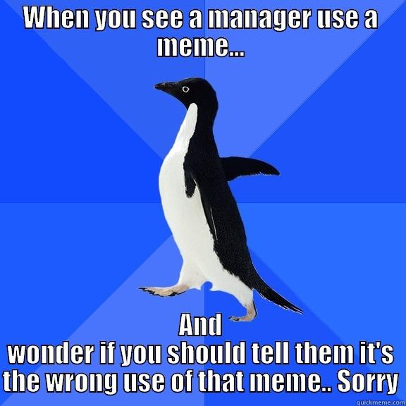 WHEN YOU SEE A MANAGER USE A MEME... AND WONDER IF YOU SHOULD TELL THEM IT'S THE WRONG USE OF THAT MEME.. SORRY Socially Awkward Penguin
