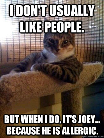 I don't usually like people. But when I do, it's Joey... because he is allergic.   The Most Interesting Cat in the World