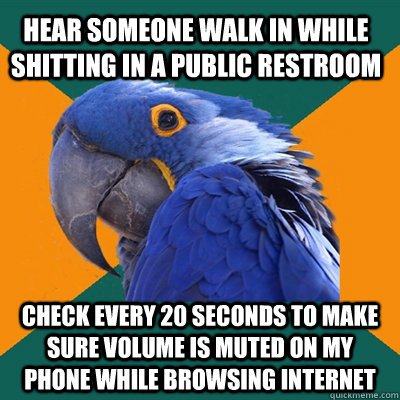 hear someone walk in while shitting in a public restroom check every 20 seconds to make sure volume is muted on my phone while browsing internet  Paranoid Parrot