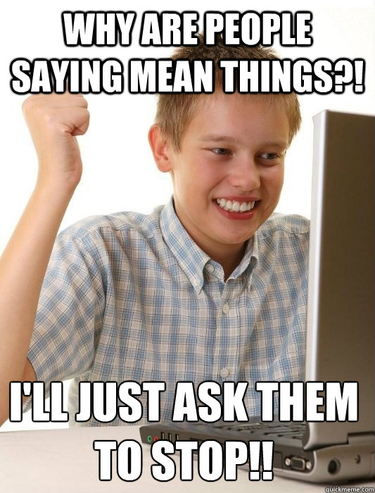 Why are people saying mean things?! I'll just ask them to stop!!  First Day on the Internet Kid