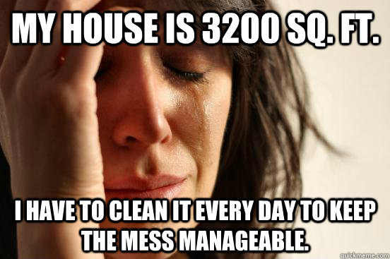 My house is 3200 sq. ft. I have to clean it every day to keep the mess manageable. - My house is 3200 sq. ft. I have to clean it every day to keep the mess manageable.  First World Problems