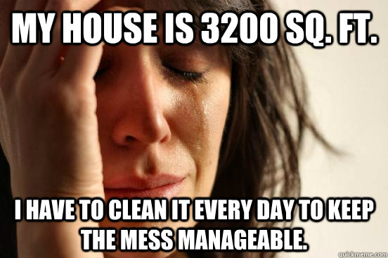 My house is 3200 sq. ft. I have to clean it every day to keep the mess manageable.  First World Problems