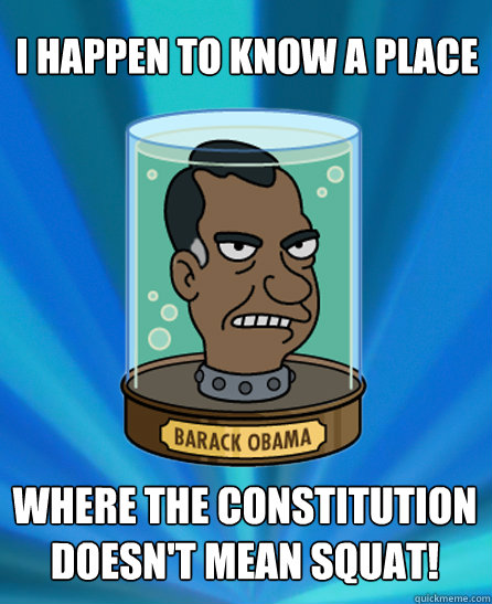 I happen to know a place where the Constitution 
doesn't mean squat!  - I happen to know a place where the Constitution 
doesn't mean squat!   Obamas Head