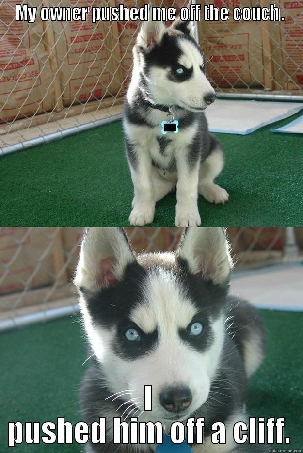 MY OWNER PUSHED ME OFF THE COUCH. I PUSHED HIM OFF A CLIFF. Insanity puppy