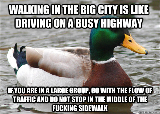 walking in the big city is like driving on a busy highway If you are in a large group, go with the flow of traffic and do not stop in the middle of the fucking sidewalk  Actual Advice Mallard