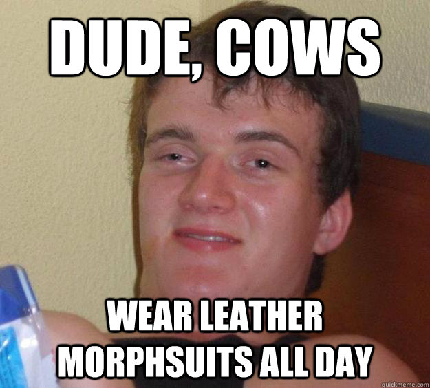 Dude, cows wear leather morphsuits all day  10 Guy