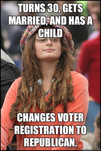 Turns 30, gets married, and has a child Changes voter registration to Republican.  College Liberal
