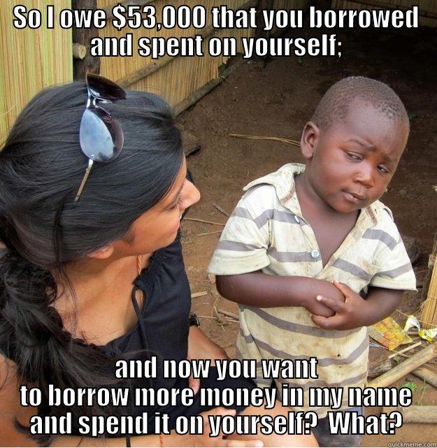 SO I OWE $53,000 THAT YOU BORROWED AND SPENT ON YOURSELF; AND NOW YOU WANT TO BORROW MORE MONEY IN MY NAME AND SPEND IT ON YOURSELF?  WHAT? Skeptical Third World Kid