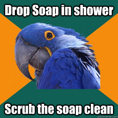 Drop Soap in shower Scrub the soap clean  Paranoid Parrot
