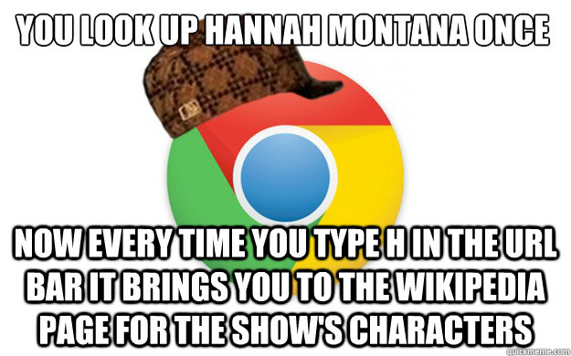 you look up hannah montana once now every time you type H in the url bar it brings you to the wikipedia page for the show's characters  Scumbag Chrome