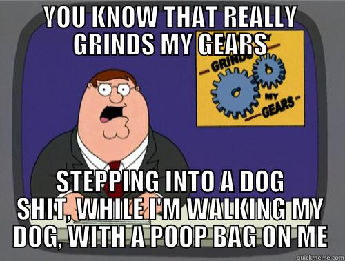YOU KNOW THAT REALLY GRINDS MY GEARS STEPPING INTO A DOG SHIT, WHILE I'M WALKING MY DOG, WITH A POOP BAG ON ME Grinds my gears