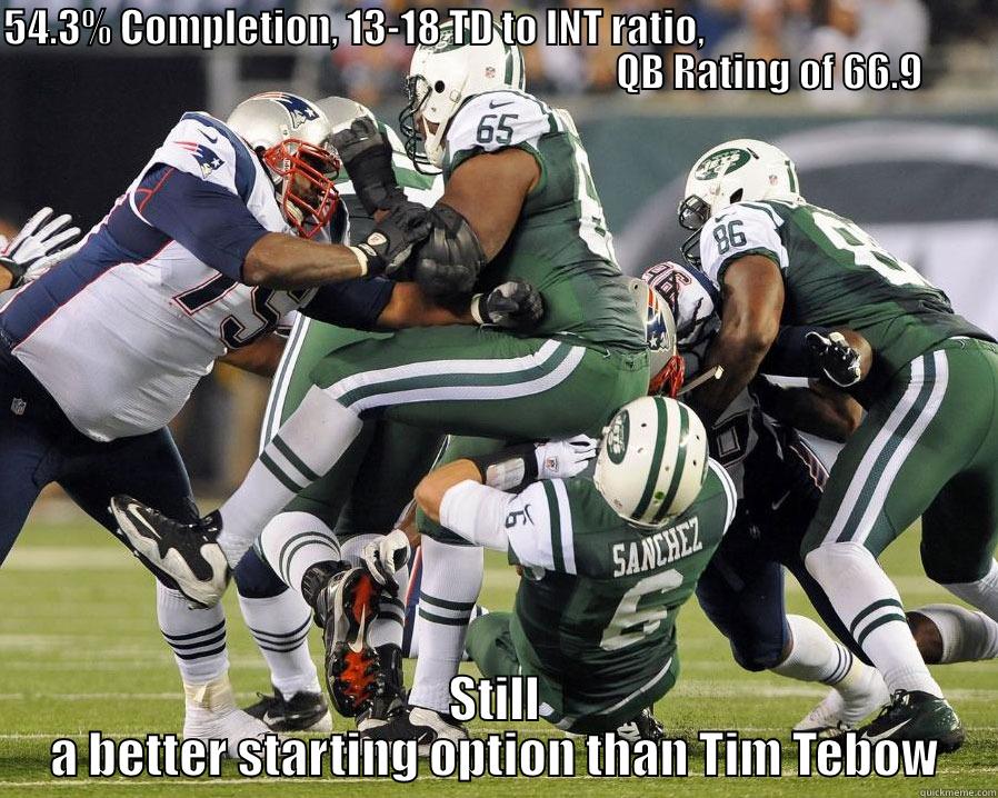 54.3% COMPLETION, 13-18 TD TO INT RATIO,                                                                                                           QB RATING OF 66.9 STILL A BETTER STARTING OPTION THAN TIM TEBOW Misc