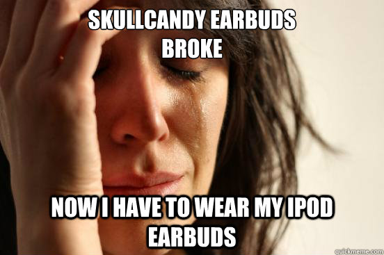 Skullcandy earbuds
broke Now I have to wear my iPod earbuds  First World Problems