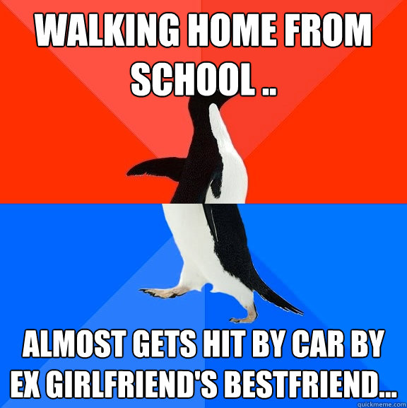 walking home from school .. almost gets hit by car by ex girlfriend's bestfriend...   Socially Awesome Awkward Penguin