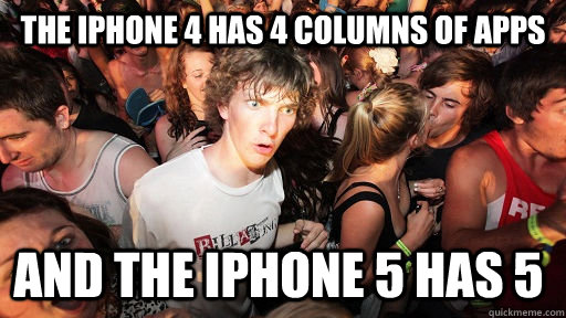 The iPhone 4 has 4 columns of apps  And the Iphone 5 has 5  Sudden Clarity Clarence