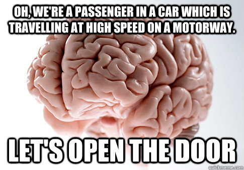 Oh, we're a passenger in a car which is travelling at high speed on a motorway. Let's open the door  Scumbag Brain