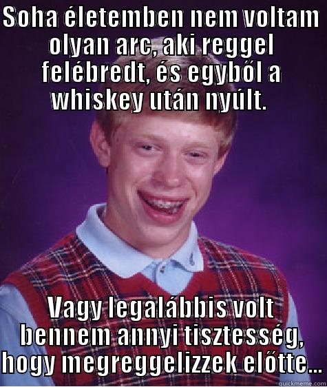 SOHA ÉLETEMBEN NEM VOLTAM OLYAN ARC, AKI REGGEL FELÉBREDT, ÉS EGYBŐL A WHISKEY UTÁN NYÚLT.  VAGY LEGALÁBBIS VOLT BENNEM ANNYI TISZTESSÉG, HOGY MEGREGGELIZZEK ELŐTTE... Bad Luck Brian