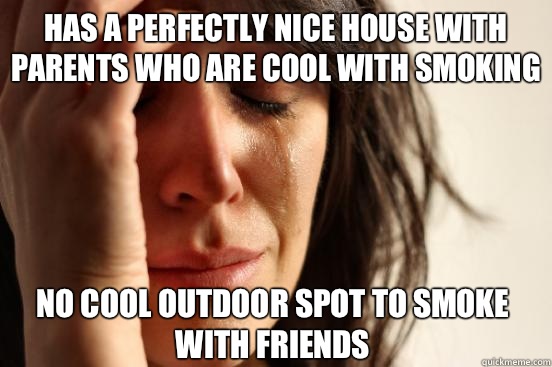 Has a perfectly nice house with parents who are cool with smoking No cool outdoor spot to smoke with friends  First World Problems
