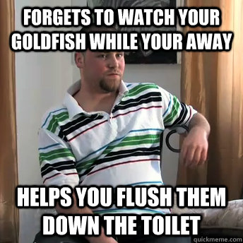 Forgets to watch your goldfish while your away Helps you flush them down the toilet  - Forgets to watch your goldfish while your away Helps you flush them down the toilet   Okay Guy Steve