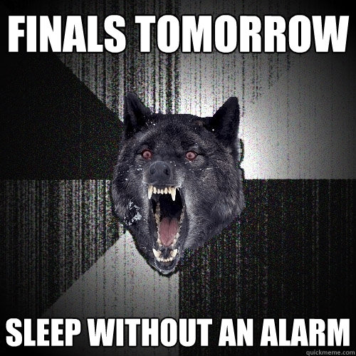 finals tomorrow  sleep without an alarm   Insanity Wolf