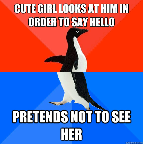 cute girl looks at him in order to say hello Pretends not to see her  Socially Awesome Awkward Penguin