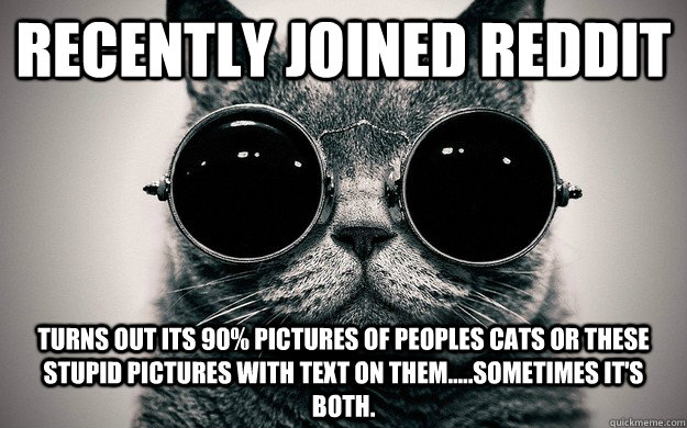Recently joined reddit Turns out its 90% pictures of peoples cats or these stupid pictures with text on them.....sometimes it's both.  Morpheus Cat Facts