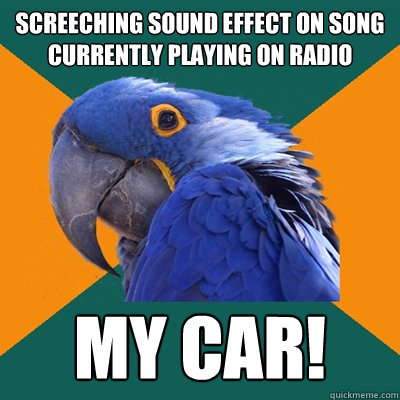 Screeching sound effect on song currently playing on radio MY CAR! - Screeching sound effect on song currently playing on radio MY CAR!  Paranoid Parrot
