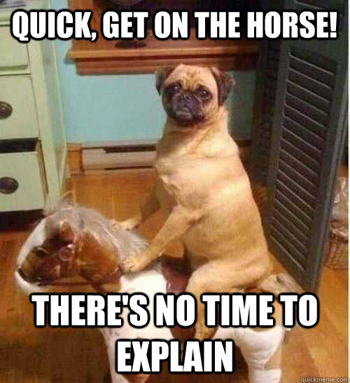 Quick, Get on the Horse! There's no time to explain - Quick, Get on the Horse! There's no time to explain  Pug on rocking horse