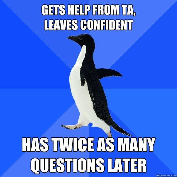 Gets help from TA, 
leaves confident has twice as many questions later  Socially Awkward Penguin