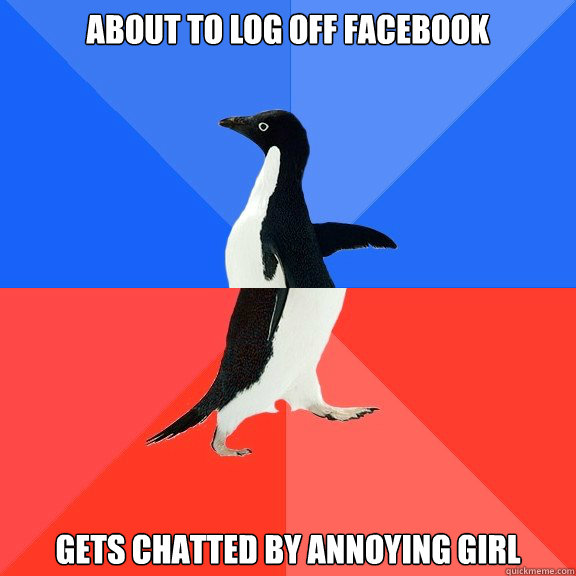 about to log off facebook gets chatted by annoying girl   Socially Awkward Awesome Penguin