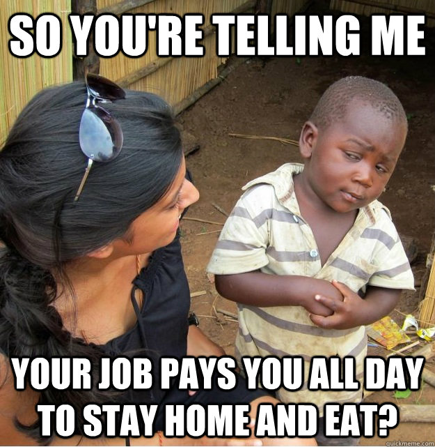 so You're telling me your job pays you all day to stay home and eat?   Skeptical Third World Kid