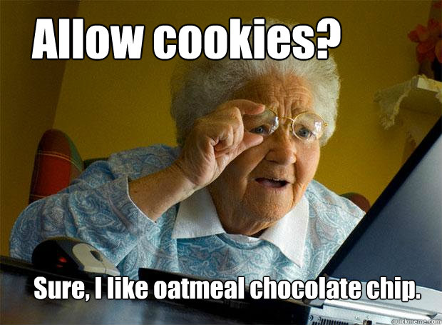 Allow cookies? Sure, I like oatmeal chocolate chip.  Grandma finds the Internet