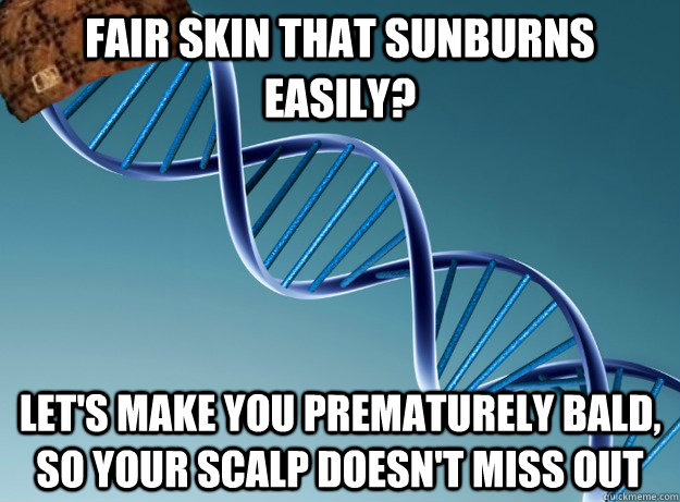 Fair skin that sunburns easily? Let's make you prematurely bald, so your scalp doesn't miss out  Scumbag Genetics