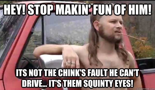 hey! stop makin' fun of him! its not the chink's fault he can't drive... it's them squinty eyes!  Almost Politically Correct Redneck