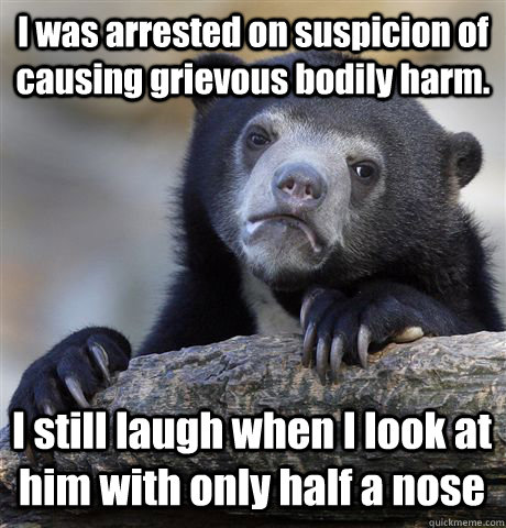 I was arrested on suspicion of causing grievous bodily harm. I still laugh when I look at him with only half a nose  Confession Bear