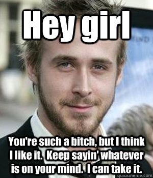 Hey girl You're such a bitch, but I think I like it.  Keep sayin' whatever is on your mind.  I can take it. - Hey girl You're such a bitch, but I think I like it.  Keep sayin' whatever is on your mind.  I can take it.  Misc