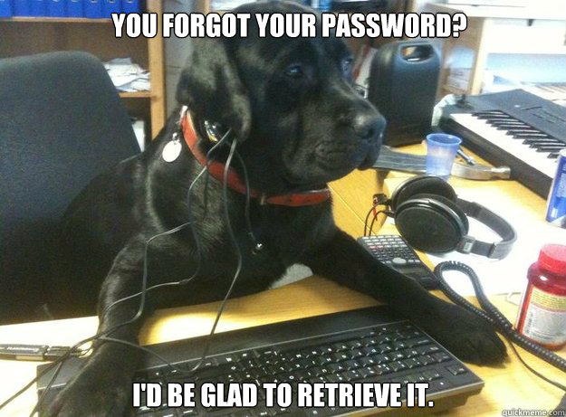 You forgot your password? I'd be glad to retrieve it.  Tech Support Dog