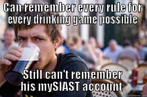 CAN REMEMBER EVERY RULE FOR EVERY DRINKING GAME POSSIBLE STILL CAN'T REMEMBER HIS MYSIAST ACCOUNT  Lazy College Senior