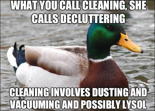 What you call cleaning, she calls decluttering Cleaning involves dusting and vacuuming and possibly lysol  Actual Advice Mallard