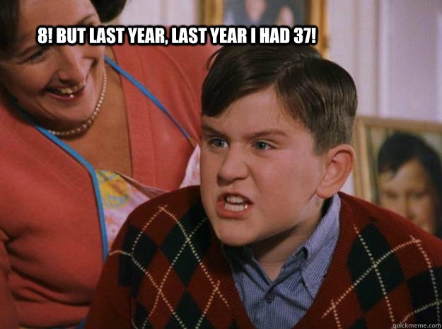 8! But last year, last year I had 37! - 8! But last year, last year I had 37!  Angry Dudley