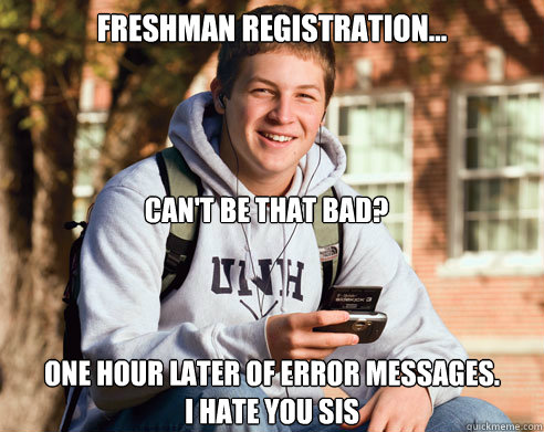 Freshman registration... Can't be that bad? One hour later of error messages.                 I HATE YOU SIS  College Freshman