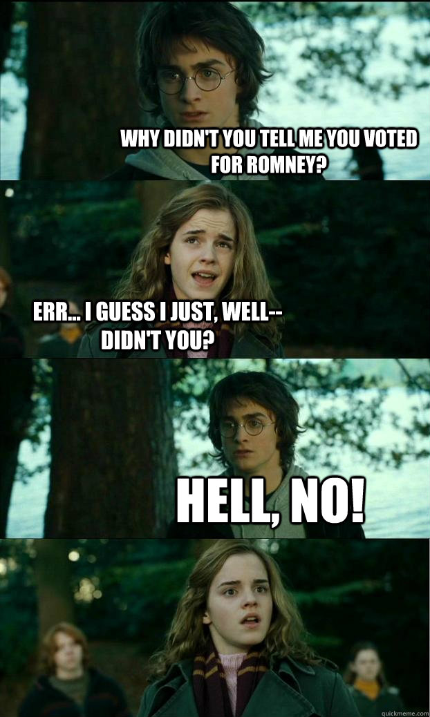 Why didn't you tell me you voted for romney? Err... i guess i just, well-- didn't you? Hell, no!  Horny Harry