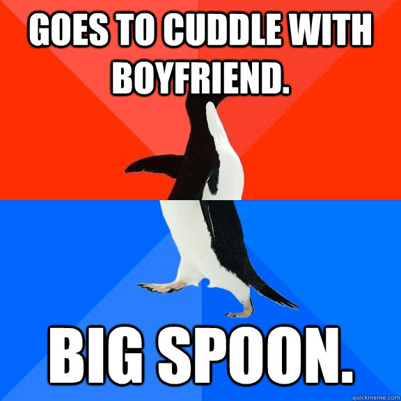 Goes to cuddle with boyfriend. Big Spoon.  Socially Awesome Awkward Penguin
