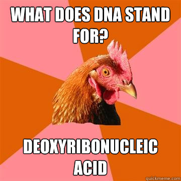 What does DNA stand for? Deoxyribonucleic Acid - What does DNA stand for? Deoxyribonucleic Acid  Anti-Joke Chicken