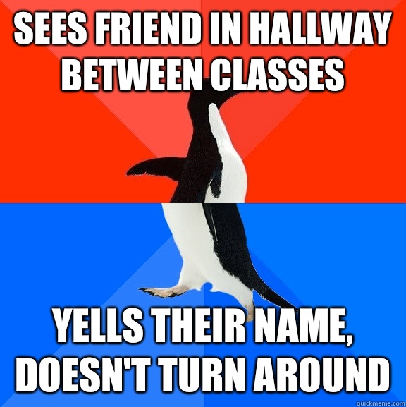 Sees friend in hallway between classes Yells their name, doesn't turn around  Socially Awesome Awkward Penguin