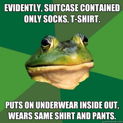 Evidently, suitcase contained only socks, t-shirt. Puts on underwear inside out, wears same shirt and pants.  Foul Bachelor Frog
