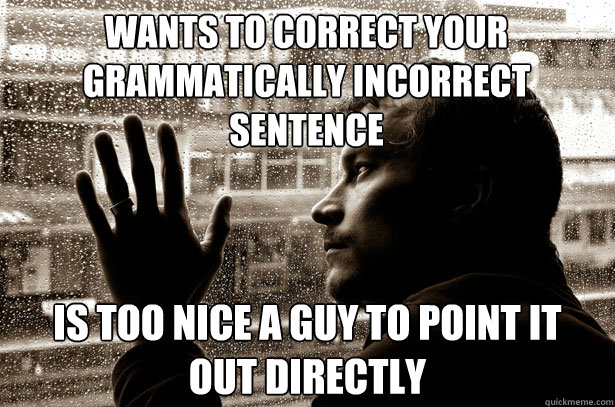 Wants to correct your grammatically incorrect sentence  is too nice a guy to point it out directly - Wants to correct your grammatically incorrect sentence  is too nice a guy to point it out directly  Over-Educated Problems