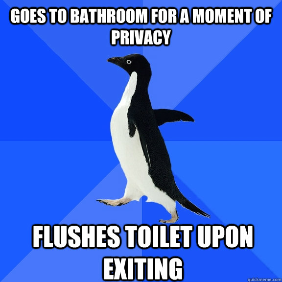 Goes to bathroom for a moment of privacy Flushes toilet upon exiting    Socially Awkward Penguin