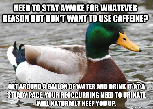 Need to stay awake for whatever reason but don't want to use caffeine? Get around a gallon of water and drink it at a steady pace. Your reoccurring need to urinate will naturally keep you up.  Actual Advice Mallard