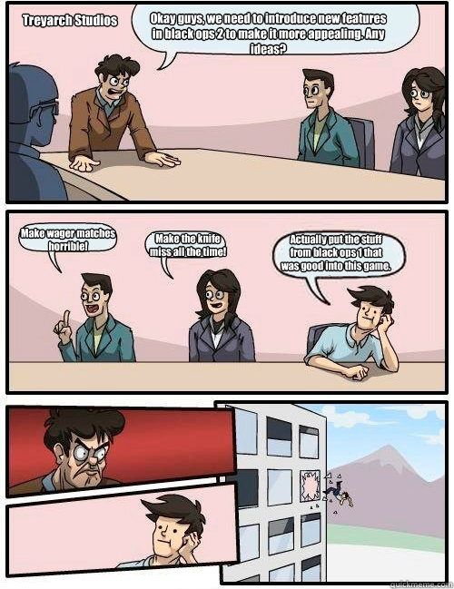Okay guys, we need to introduce new features in black ops 2 to make it more appealing. Any ideas? Make wager matches horrible! Make the knife miss all the time! Actually put the stuff from black ops 1 that was good into this game. Treyarch Studios  Boardroom Suggestion